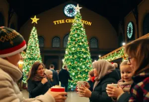 Community members celebrating during the tree lighting ceremony at the Berwyn Train Station.