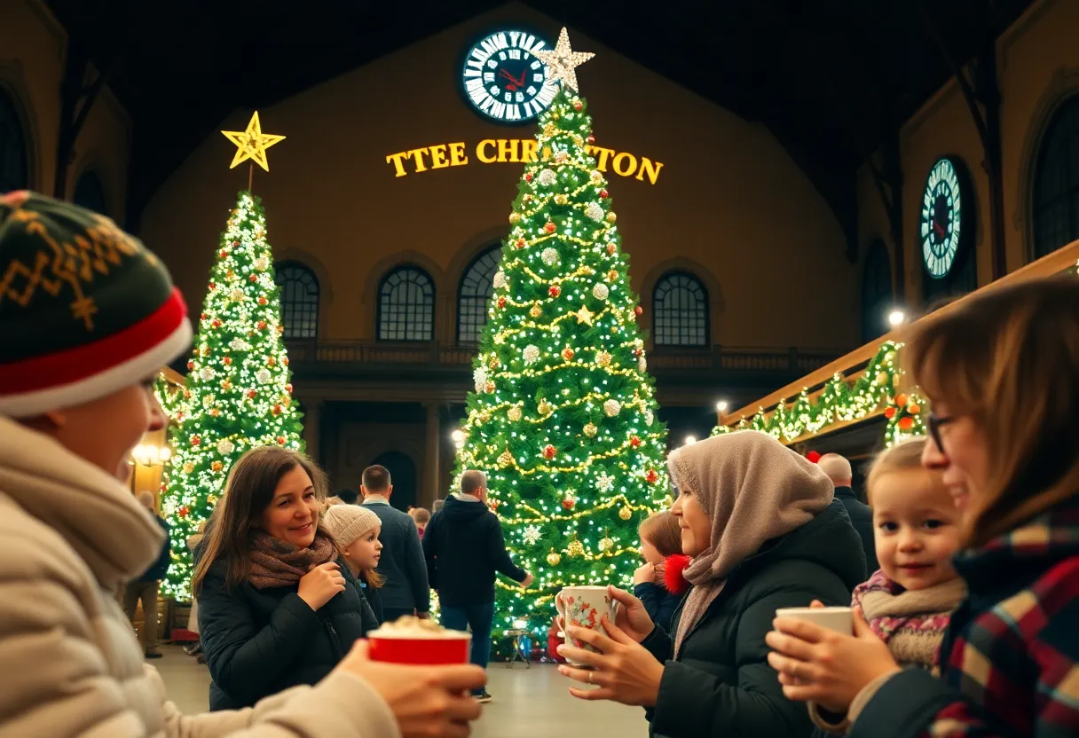 Community members celebrating during the tree lighting ceremony at the Berwyn Train Station.