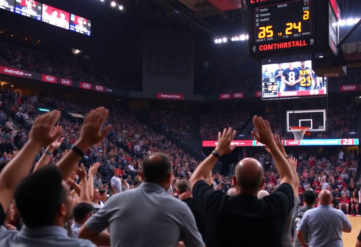 Fans cheering in a basketball arena during a close game