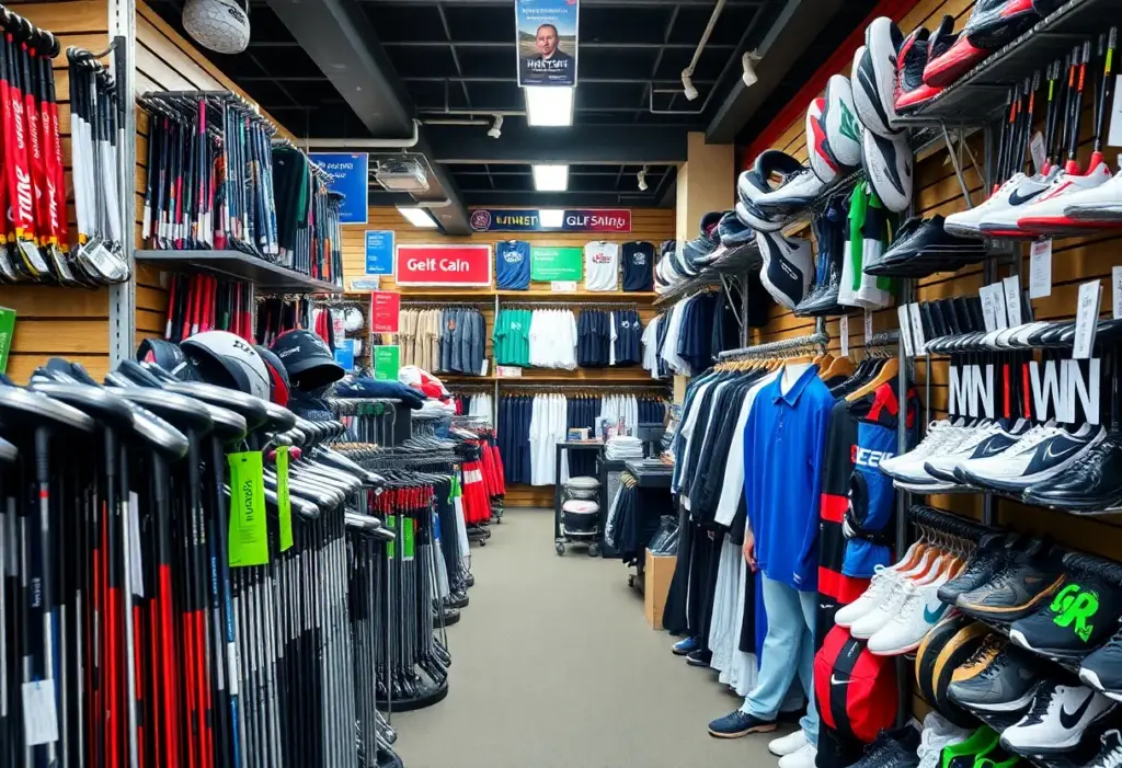 Discounted golf equipment including clubs, balls, and shoes on display