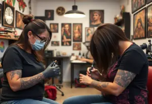 Interior of Black Heart Tattoo & Gallery with artists at work