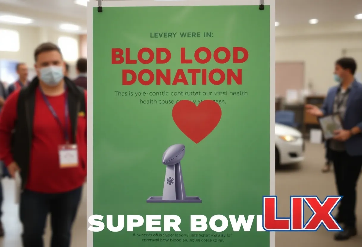 Community event promoting blood donation with a Super Bowl theme