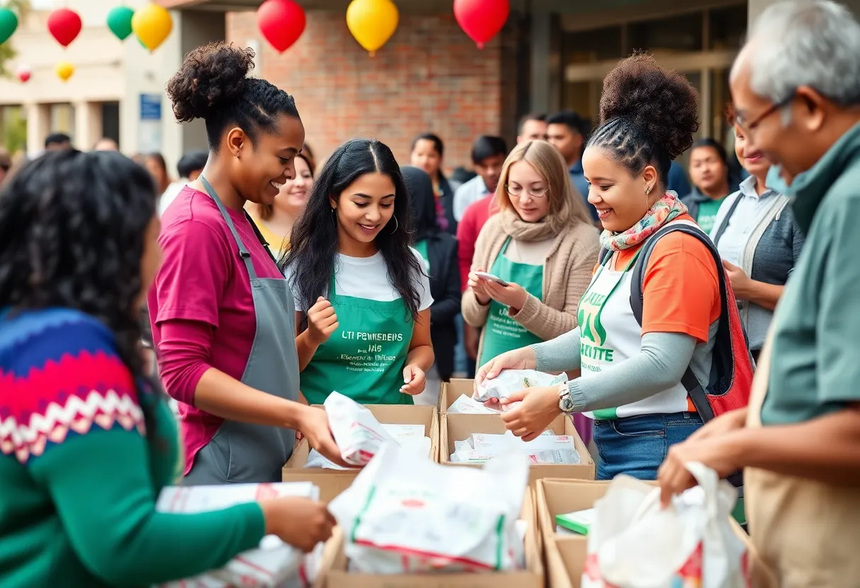 Volunteers engaged in community service and charitable activities during the holiday season.