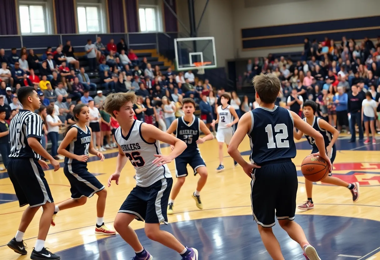 High school basketball teams competing during a game.