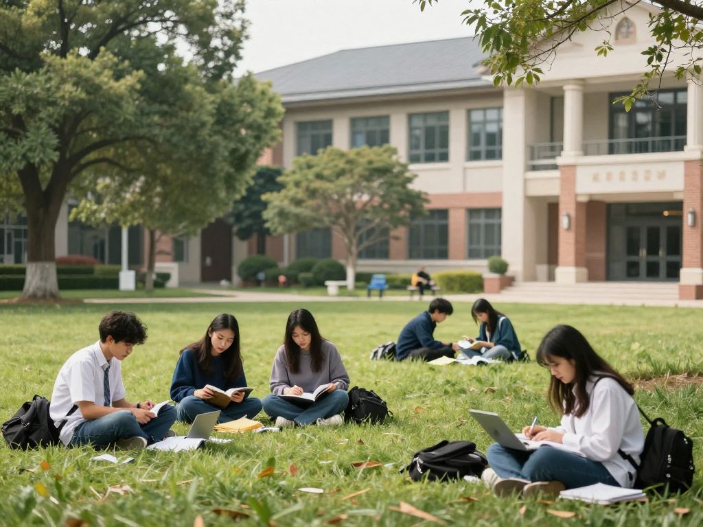 Students studying outdoors at SUNY Corning Community College campus.