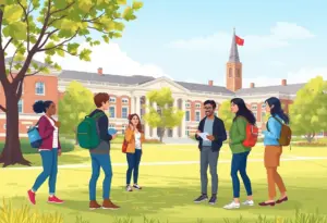 Illustration of diverse students discussing on campus