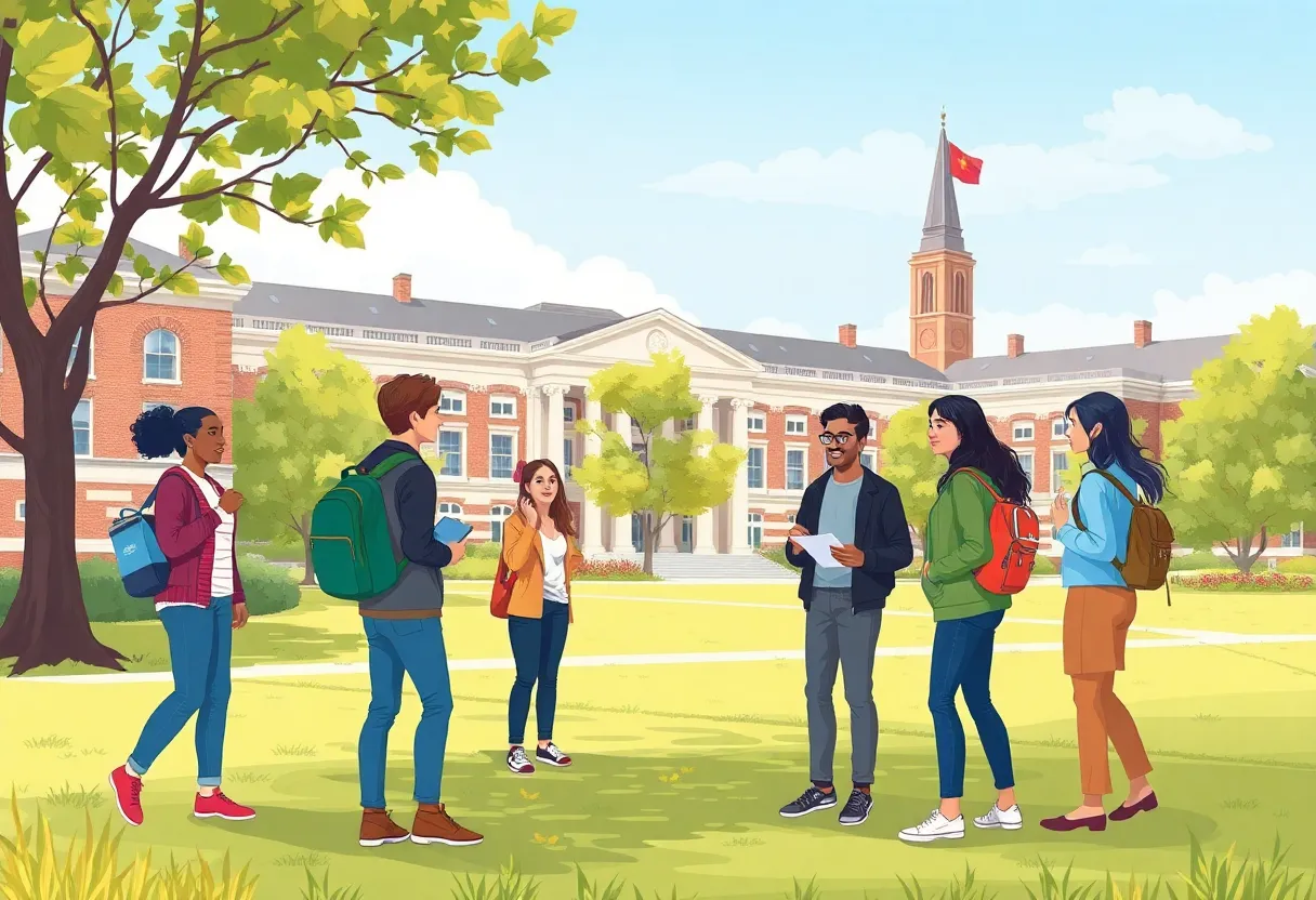Illustration of diverse students discussing on campus