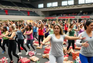 Participants engaged in a workout during the Cardio Toy Drive event.