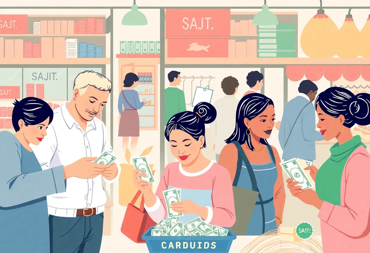 Illustration of consumers making cash payments in stores.