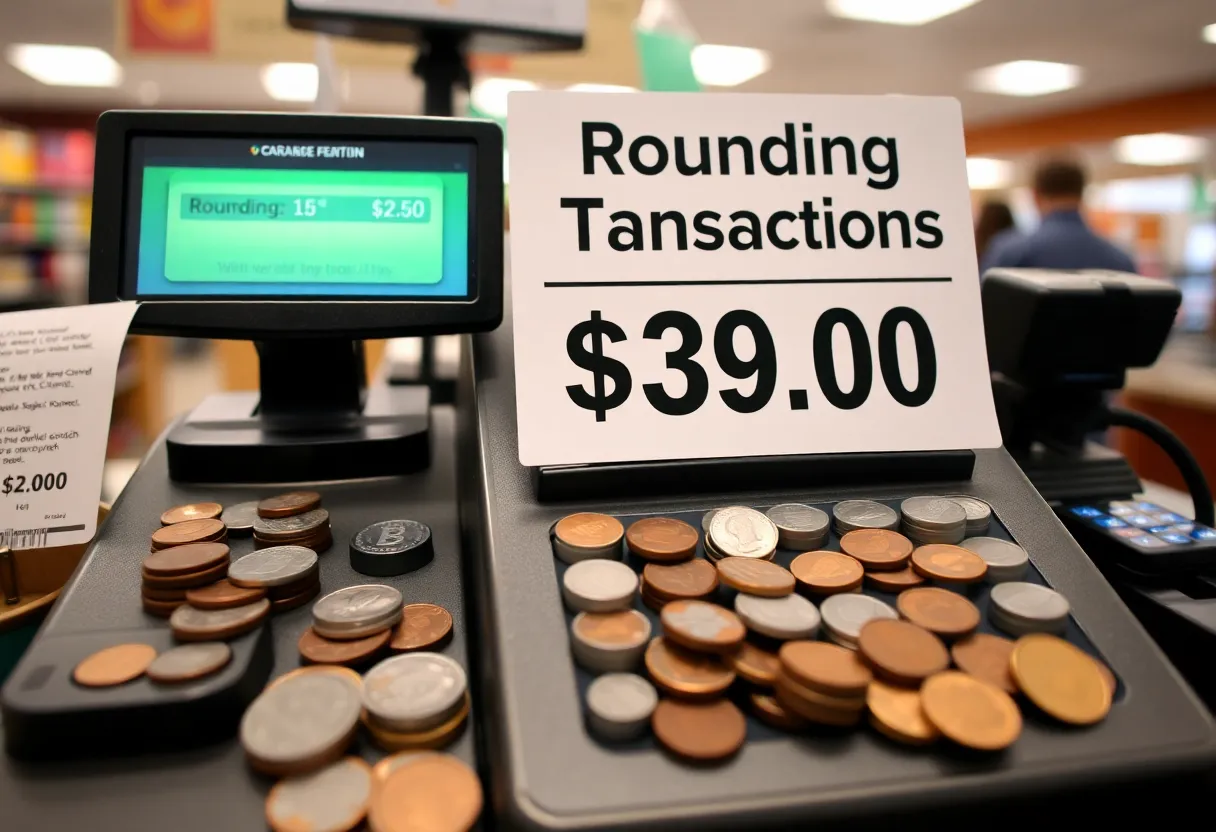 Illustration of a cash register handling rounded cash transactions due to penny shortage.