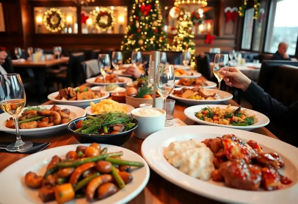 Festive dining setting with holiday decorations and delicious food options available in Philadelphia restaurants on Christmas Day.