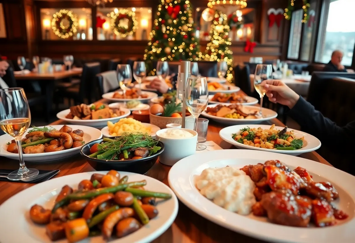 Festive dining setting with holiday decorations and delicious food options available in Philadelphia restaurants on Christmas Day.