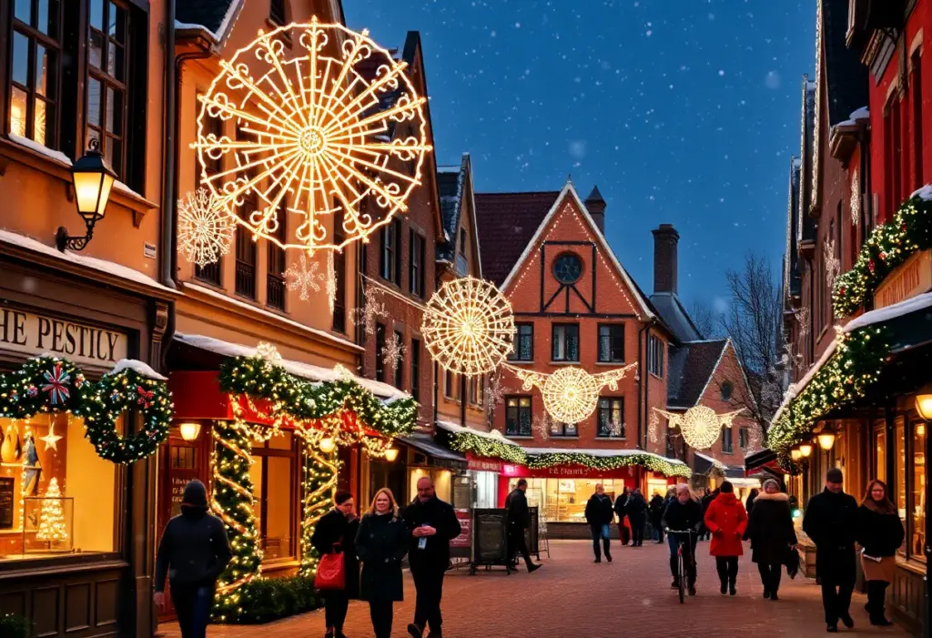 A festive view of a Christmas town in Pennsylvania with holiday lights and decorations.