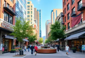 A revitalized urban streetscape in City Ave District with shops and greenery.