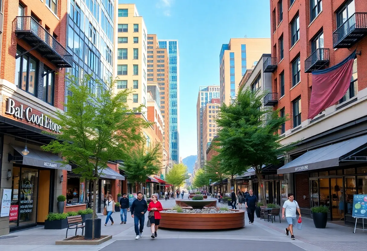 A revitalized urban streetscape in City Ave District with shops and greenery.