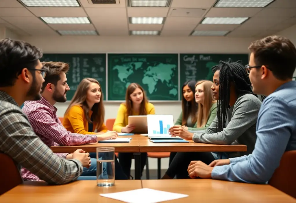 Students in a classroom engaging in insightful discussions about people analytics without devices