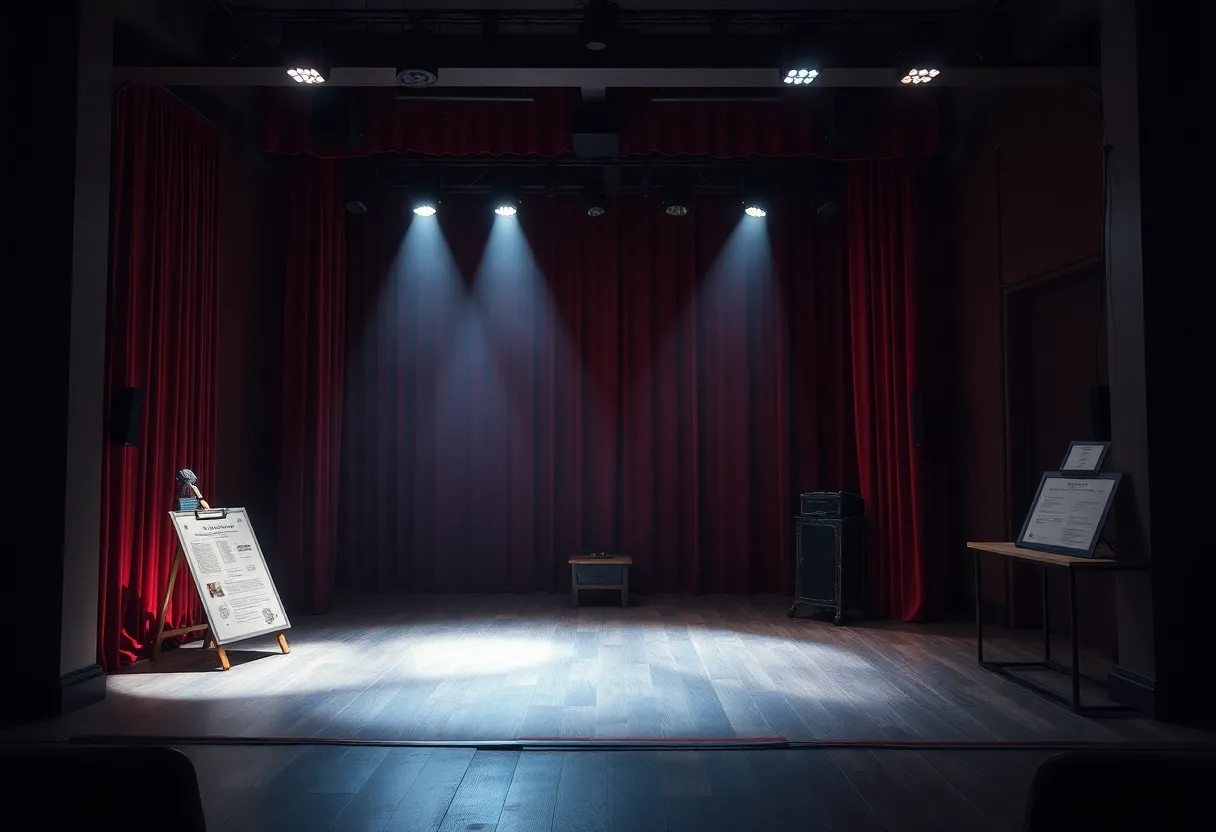 Stage set for Clue theatre production with dramatic lighting