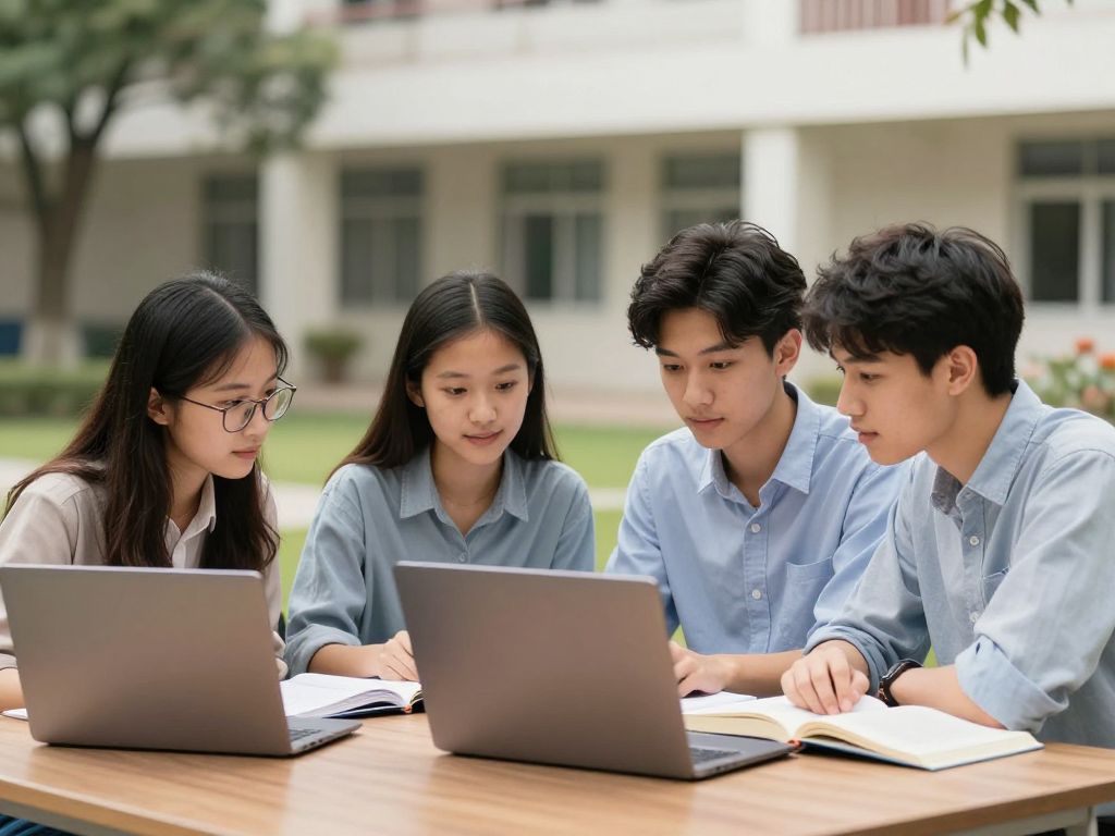 Students collaborating on academics in a campus setting.