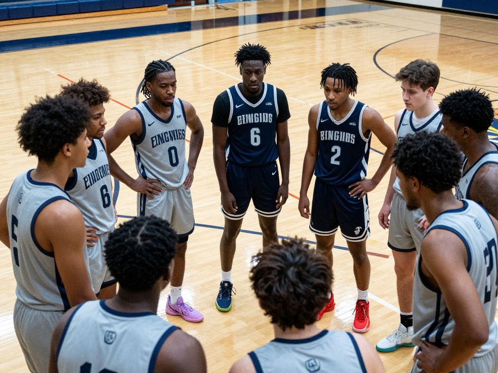 College basketball players in a huddle discussing strategies