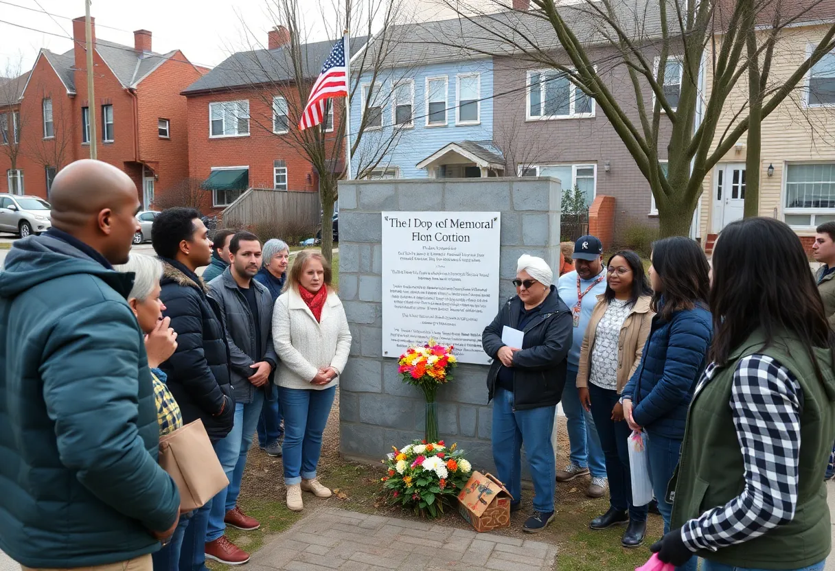 Community members gathered at the memorial site for restoration after vandalism.