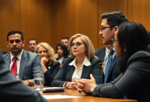 A courtroom scene depicting discussions about workplace discrimination.