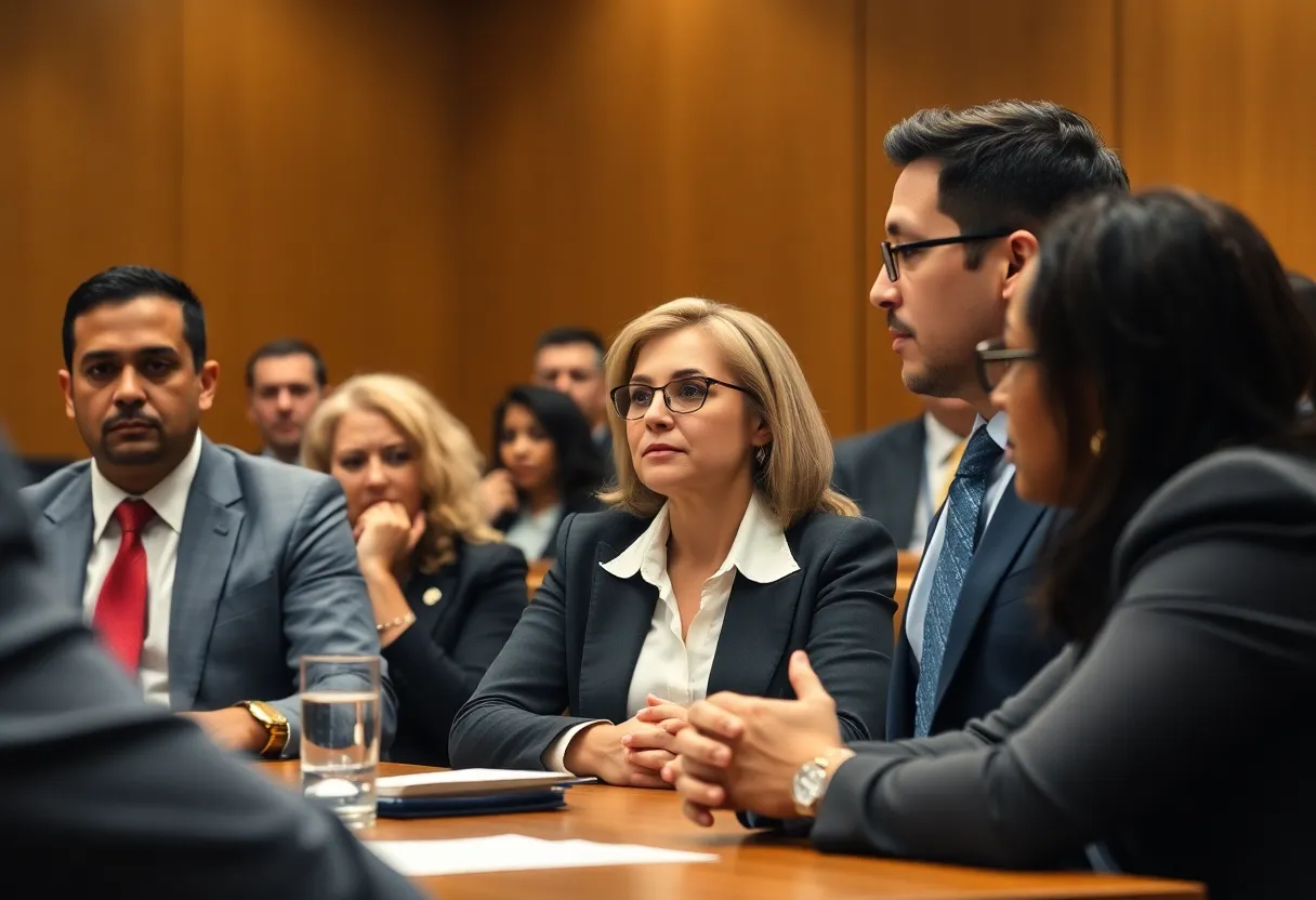 A courtroom scene depicting discussions about workplace discrimination.