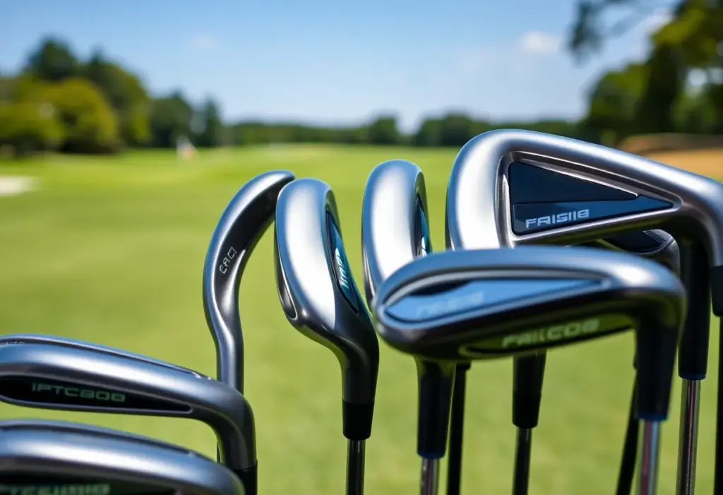 Curved face irons displayed on a golf course