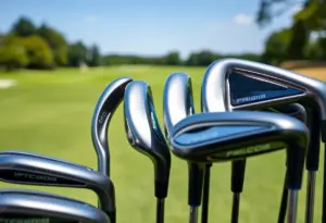 Curved face irons displayed on a golf course
