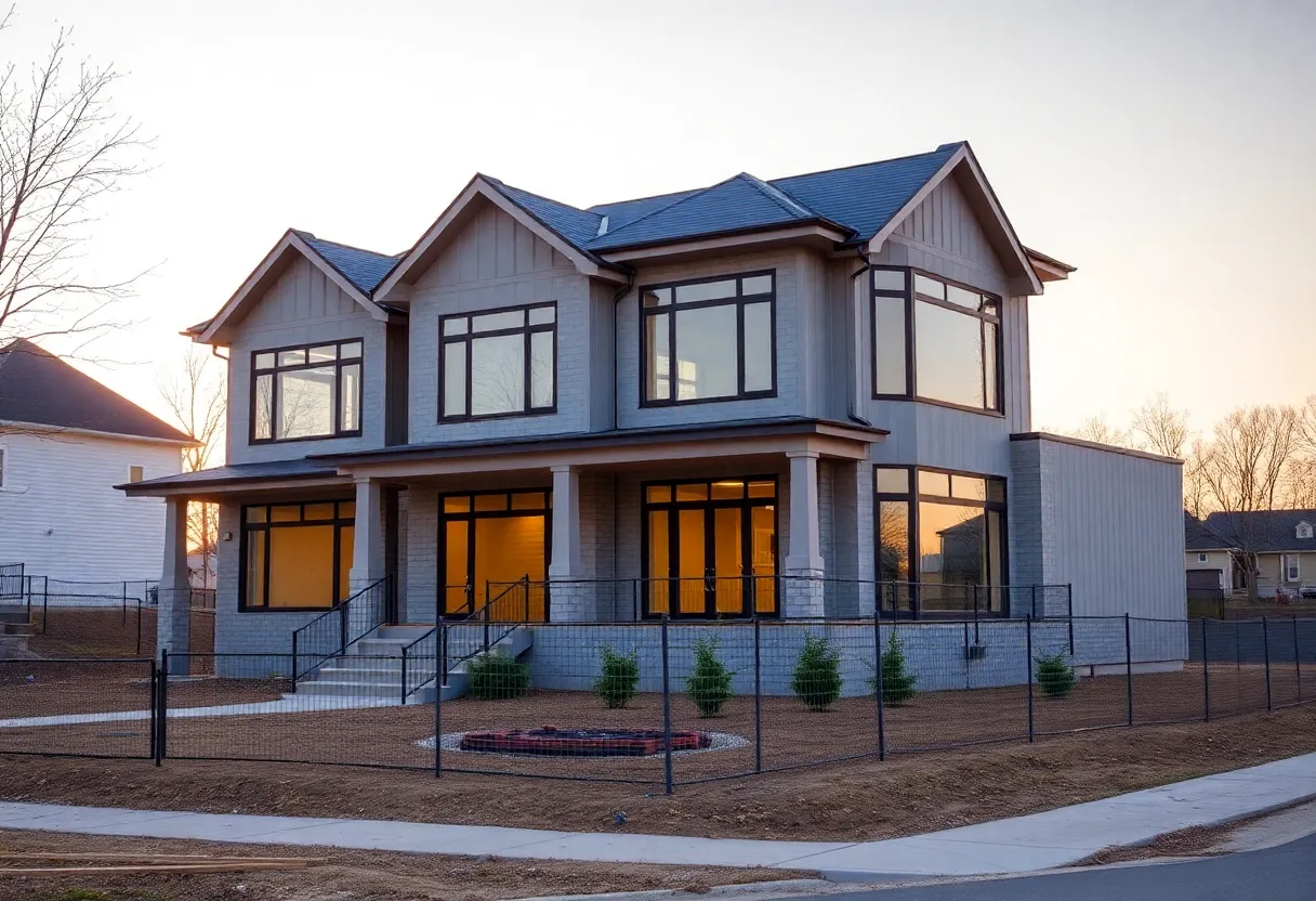 Image of a custom home being built in Philadelphia with cranes and construction materials.