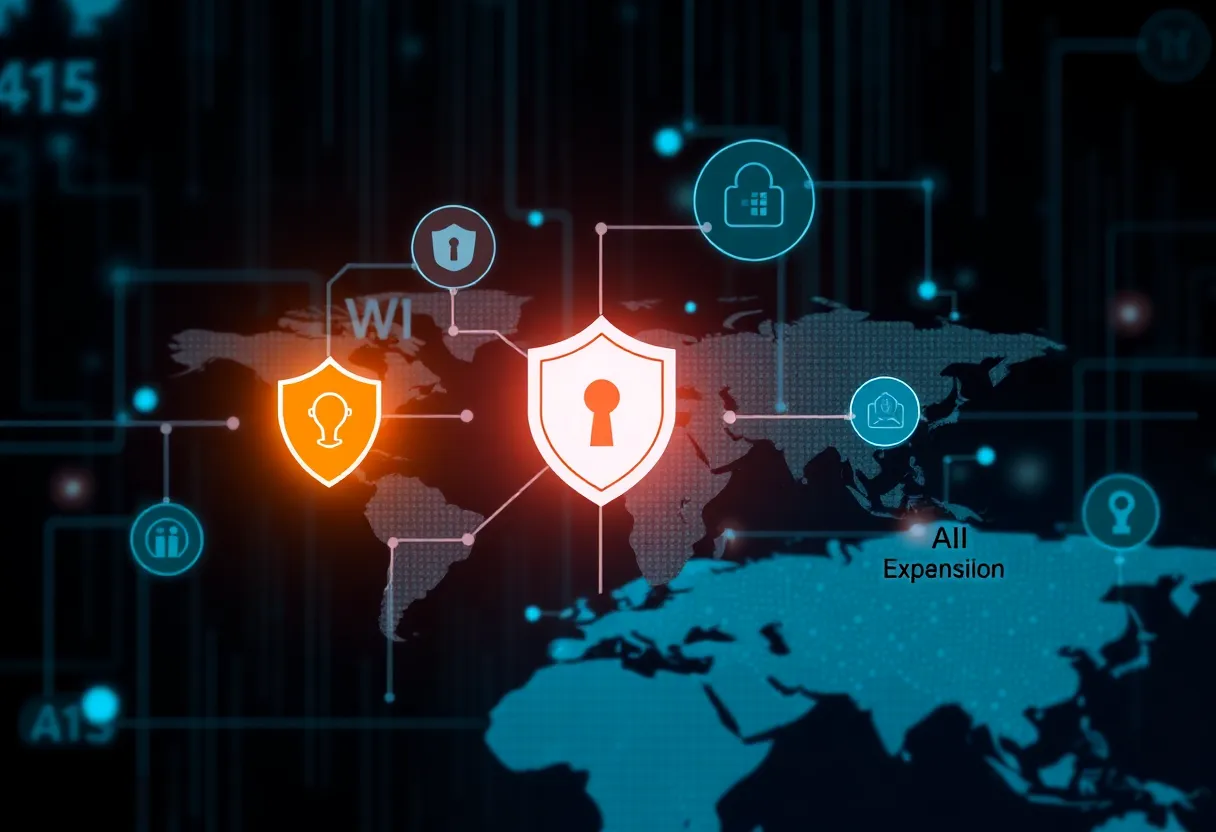 Digital representation of cybersecurity and AI expansion