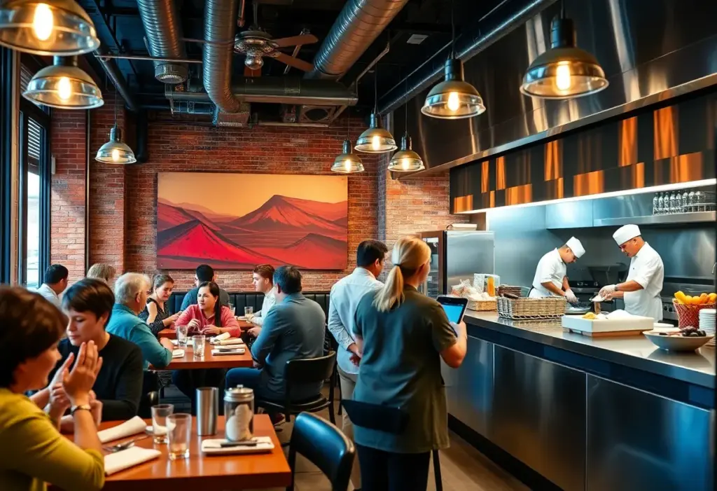A busy restaurant in Philadelphia with staff and customers engaged in a modern dining experience using technology.