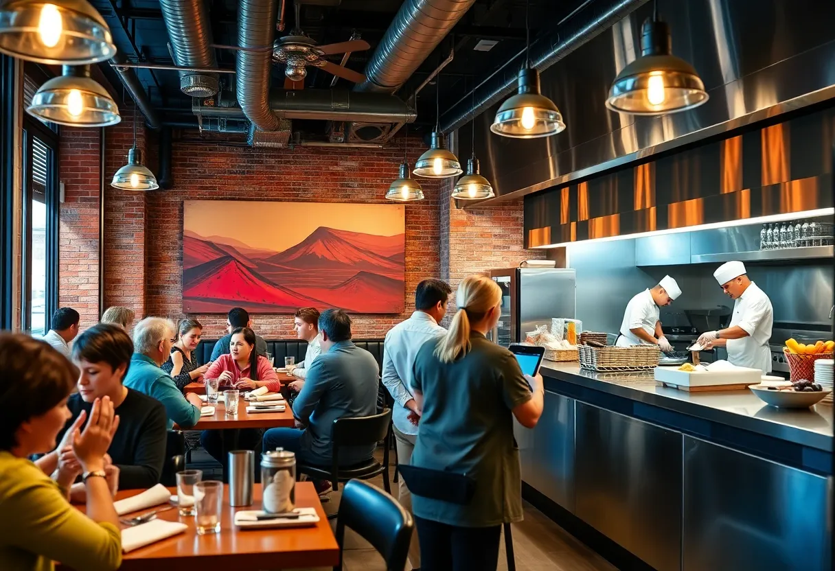 A busy restaurant in Philadelphia with staff and customers engaged in a modern dining experience using technology.