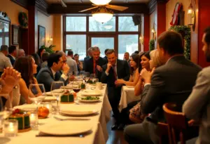 Fans dining and interacting with cast members at an Italian restaurant.
