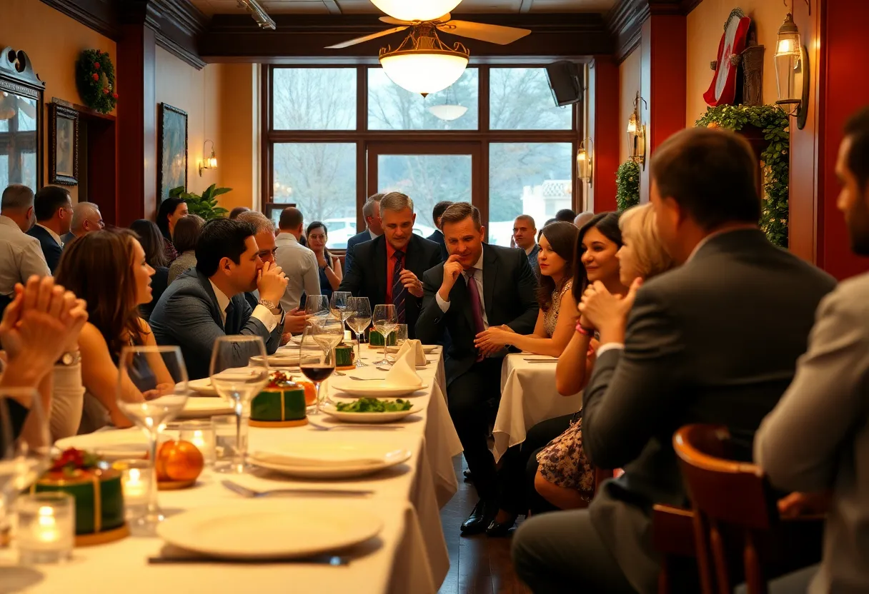 Fans dining and interacting with cast members at an Italian restaurant.