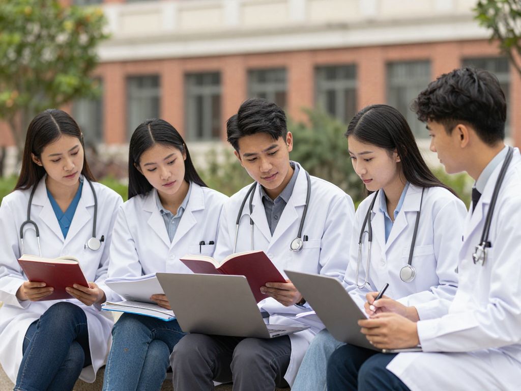 Diverse medical students studying together on campus
