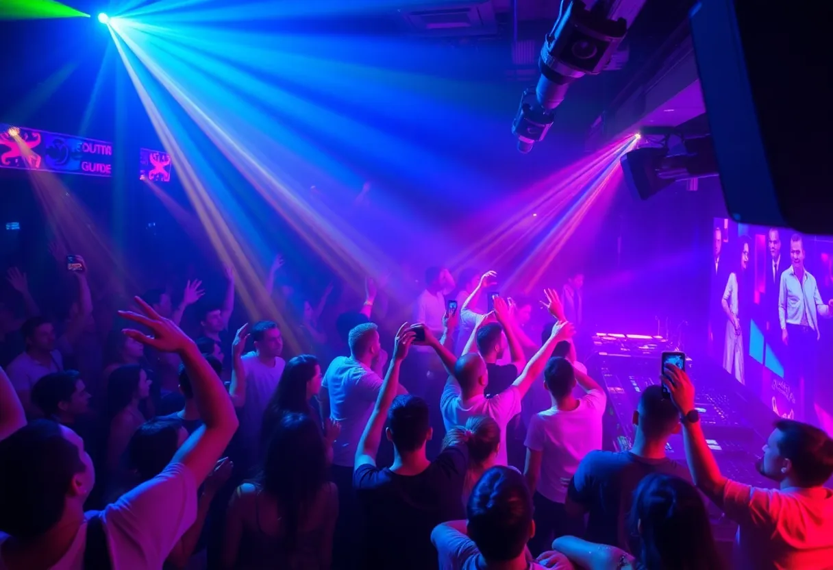 A vibrant nightlife scene with crowds dancing and a DJ booth
