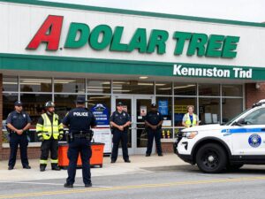 Dollar Tree store scene in Kensington, Philadelphia with police activity