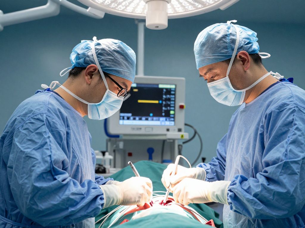Surgeons performing a double hand transplant in a surgical theatre