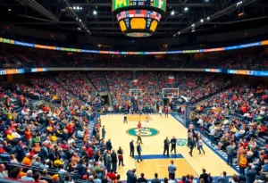 Crowd cheering at the college basketball game between Drexel Dragons and La Salle Explorers.