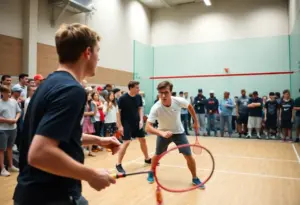 Drexel men's squash players in action during a match against University of Pennsylvania.