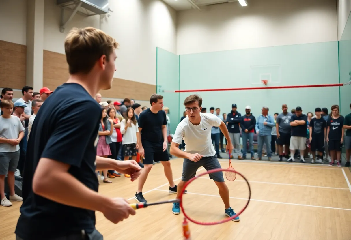 Drexel men's squash players in action during a match against University of Pennsylvania.