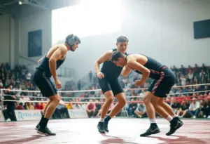 Wrestlers competing in a match with a crowd cheering around them