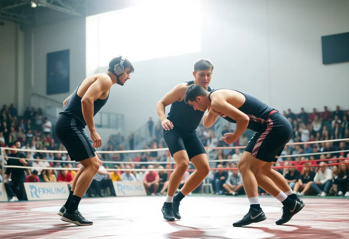 Wrestlers competing in a match with a crowd cheering around them