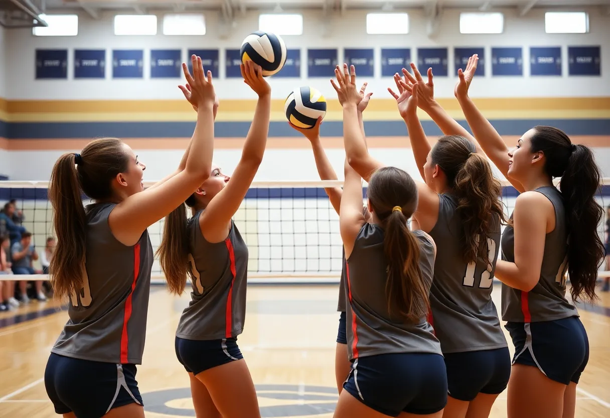 Emmaus High School volleyball team celebrating a successful point