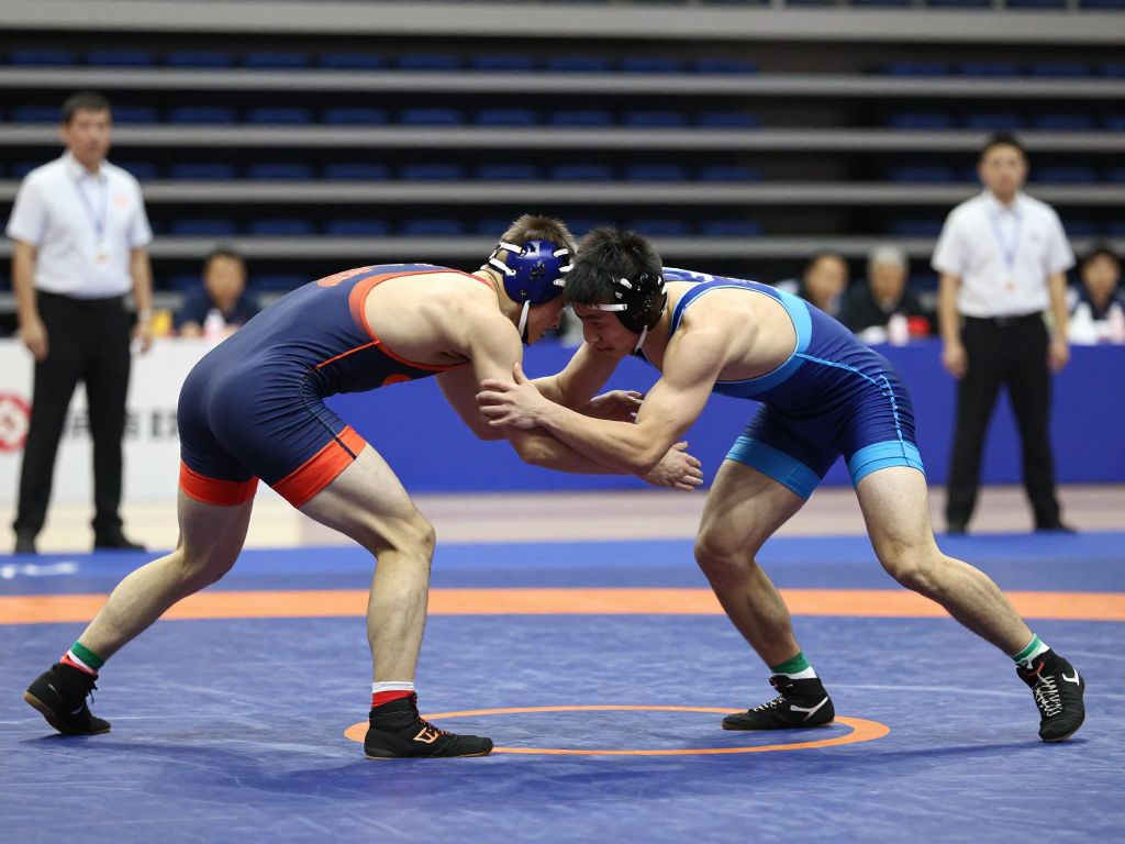 Wrestlers competing in a college match