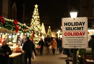 People shopping at a holiday market in Philadelphia, with festive decorations and a caution against scams.