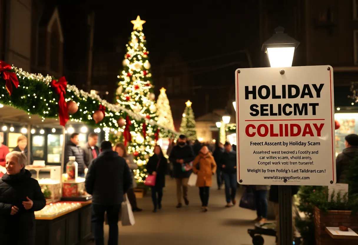 People shopping at a holiday market in Philadelphia, with festive decorations and a caution against scams.