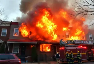 Firefighters battling a blaze in a residential neighborhood