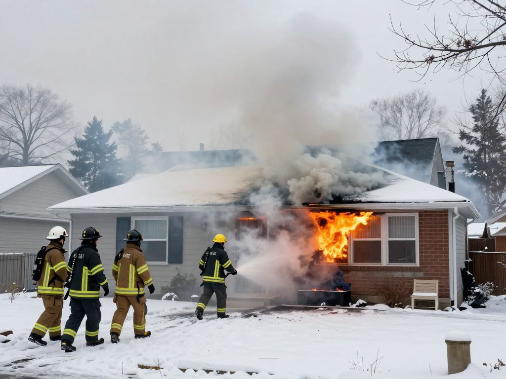 Firefighters battling a house fire in cold weather