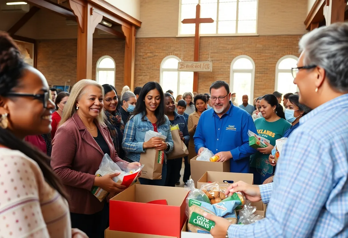 Volunteers at First Baptist Church engaging in community service activities, providing food and toiletries.